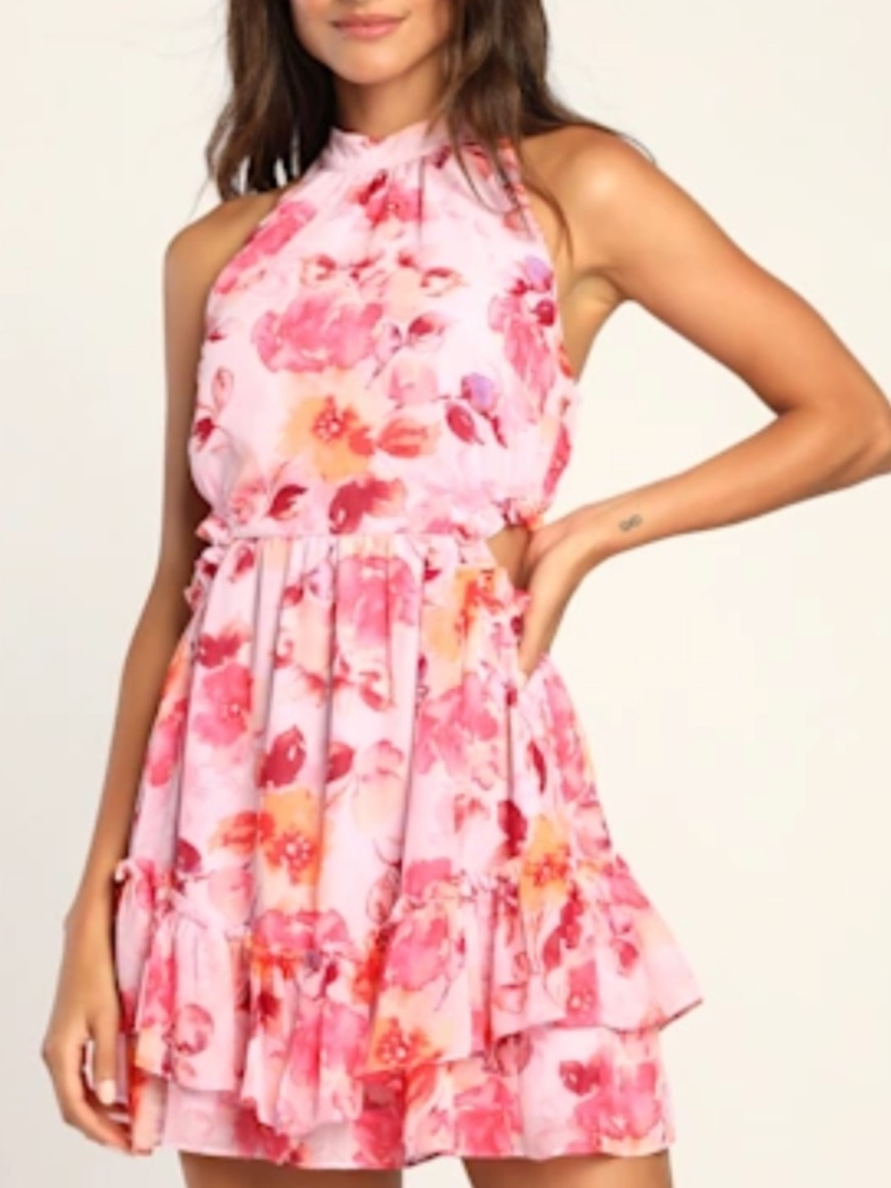 Lulus Floral Print Cut Out Ruffle Mini Dress